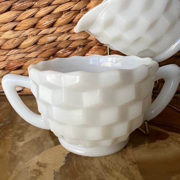 Milk Glass diamond print cream and sugar - Picture 3 of 7